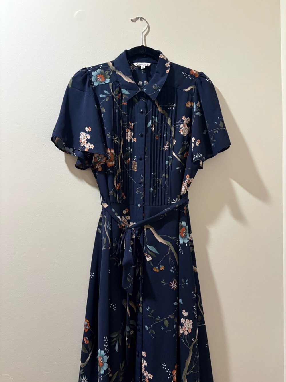 Nanette Lepore Navy Floral Button-Front Midi Dress with Tie Waist